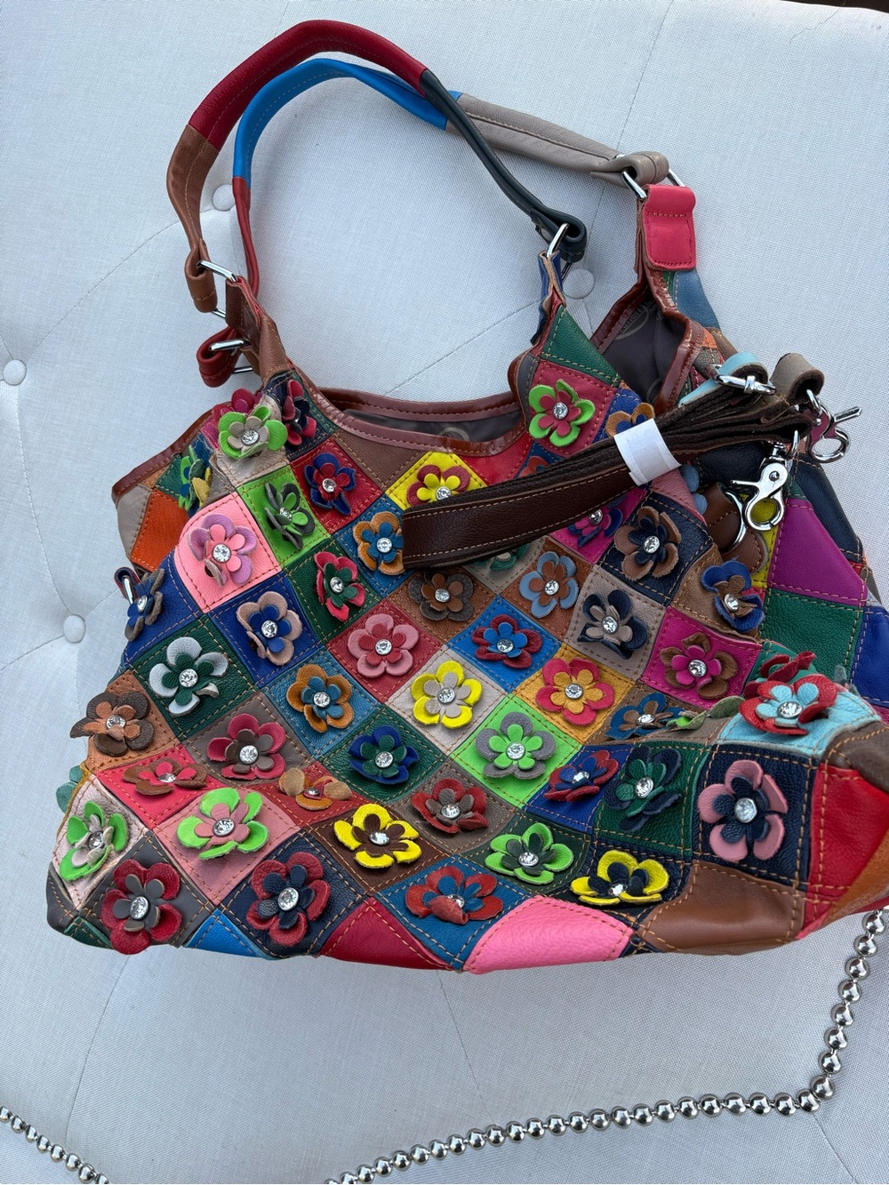 Colorful Floral Patchwork Leather Shoulder Bag - Multicolor